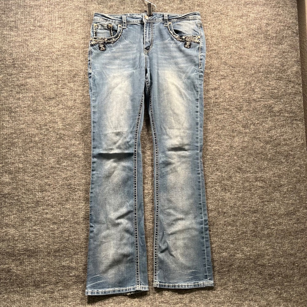 Grace in LA Womens Embroidered Bootcut Jeans Blue Sequin Embellished Size 32